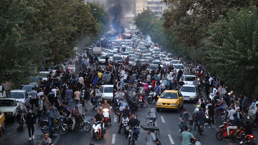 Demonstrators take to the streets during a protest for Mahsa Jina Amini in Tehran, Iran on Sept. 21, 2022. (Photo via Getty Images)