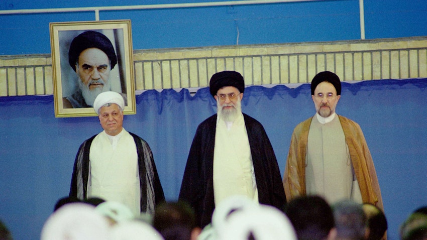 Former president Akbar Hashemi Rafsanjani, Supreme Leader Ayatollah Ali Khamenei and then-president Mohammed Khatami in Tehran, Iran on Aug. 2, 2001. (Photo via Getty Images)