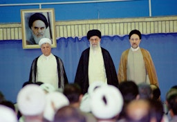 Former president Akbar Hashemi Rafsanjani, Supreme Leader Ayatollah Ali Khamenei and then-president Mohammed Khatami in Tehran, Iran on Aug. 2, 2001. (Photo via Getty Images)