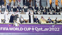 The Emir of Qatar gives a speech at a FIFA World Cup 2022 match in Al Khor, Qatar on Nov. 20, 2022. (Photo via Getty Images)