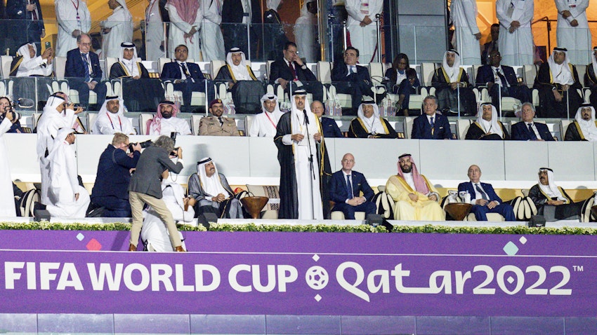 The Emir of Qatar gives a speech at a FIFA World Cup 2022 match in Al Khor, Qatar on Nov. 20, 2022. (Photo via Getty Images)