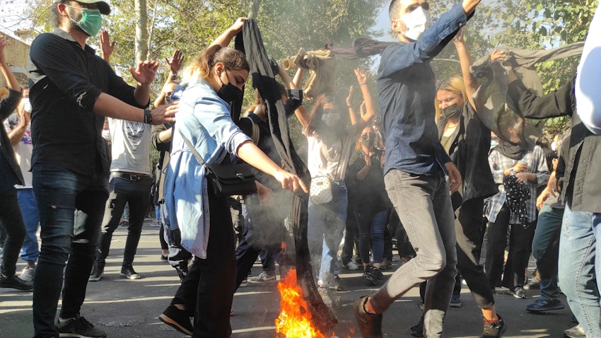 Iranians protest against compulsory hijab in Tehran, Iran on Oct. 1, 2022. (Photo via  Getty Images)