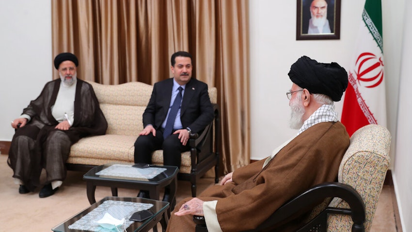 Supreme Leader of Iran Ali Khamenei and Iranian President Ebrahim Raisi receive Prime Minister of Iraq Muhammad Shia’ Al-Sudani in Tehran, Iran on Nov. 29, 2022. (Photo via Iran's supreme leader's website)