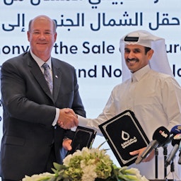 Chairman of ConocoPhillips Ryan Lance and Qatar's Energy Minister Saad bin Sherida Al-Kaabi in Doha, Qatar on Nov. 29, 2022. (Photo via Getty Images)