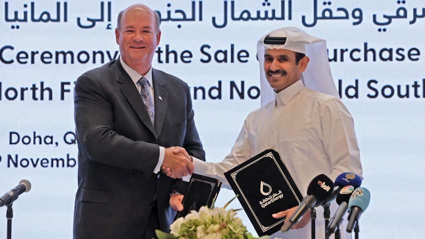 Chairman of ConocoPhillips Ryan Lance and Qatar's Energy Minister Saad bin Sherida Al-Kaabi in Doha, Qatar on Nov. 29, 2022. (Photo via Getty Images)