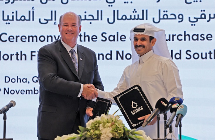 Chairman of ConocoPhillips Ryan Lance and Qatar's Energy Minister Saad bin Sherida Al-Kaabi in Doha, Qatar on Nov. 29, 2022. (Photo via Getty Images)