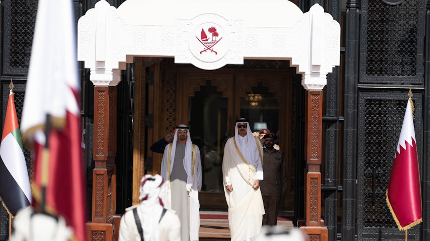 UAE President Sheikh Mohammed bin Zayed Al Nahyan and Qatar's Emir Sheikh Tamim bin Hamad Al Thani in Doha, Qatar on Dec. 5, 2022. (Handout photo via Qatar's Amiri Diwan)