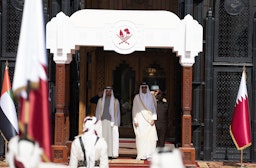 UAE President Sheikh Mohammed bin Zayed Al Nahyan and Qatar's Emir Sheikh Tamim bin Hamad Al Thani in Doha, Qatar on Dec. 5, 2022. (Handout photo via Qatar's Amiri Diwan)