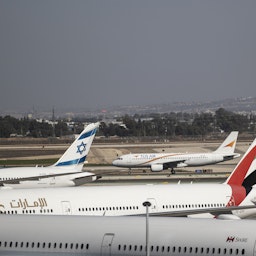A plane carrying football fans is seen before taking off for FIFA World Cup at the Ben Gurion Airport in Tel Aviv, Israel on Nov. 20, 2022. (Photo via Getty Images)