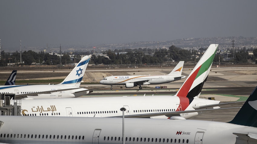 A plane carrying football fans is seen before taking off for FIFA World Cup at the Ben Gurion Airport in Tel Aviv, Israel on Nov. 20, 2022. (Photo via Getty Images)