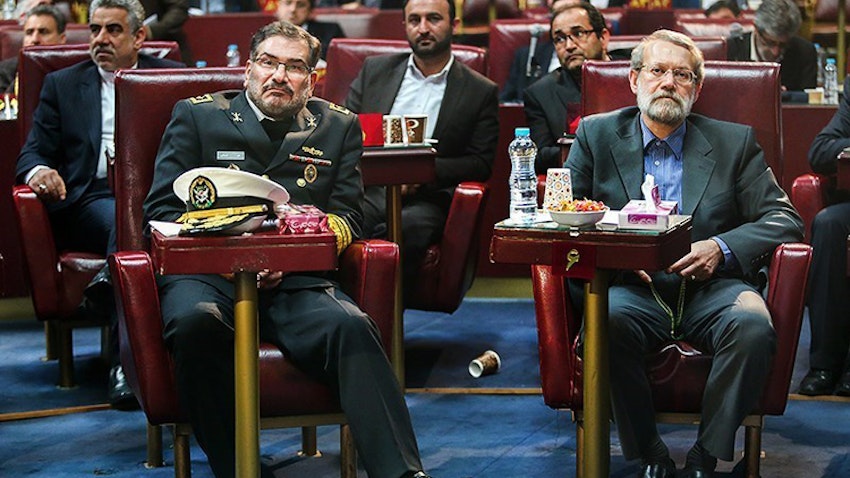 Secretary of Iran’s Supreme National Security Council Ali Shamkhani and former parliament speaker Ali Larijani in Tehran, Iran. Date unspecified. (Photo via Azad News Agency)