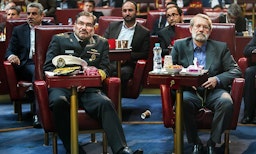 Secretary of Iran’s Supreme National Security Council Ali Shamkhani and former parliament speaker Ali Larijani in Tehran, Iran. Date unspecified. (Photo via Azad News Agency)