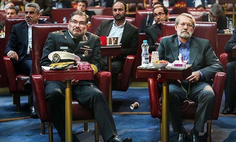 Secretary of Iran’s Supreme National Security Council Ali Shamkhani and former parliament speaker Ali Larijani in Tehran, Iran. Date unspecified. (Photo via Azad News Agency)