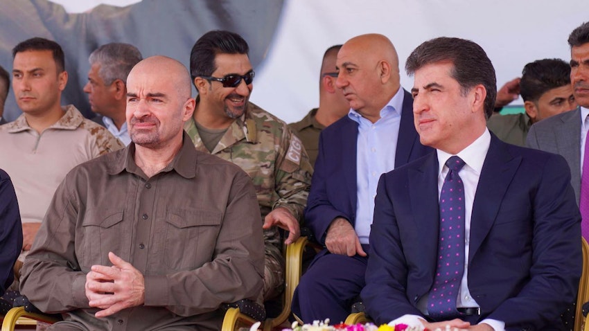 PUK-leader Bafel Talabani attends a graduation ceremony of military officers with KRI President Nechirvan Barzani in Qala Chwalan, Kurdistan Region of Iraq on May. 22, 2022. (Photo via bafeljalaltalabani/Instagram)