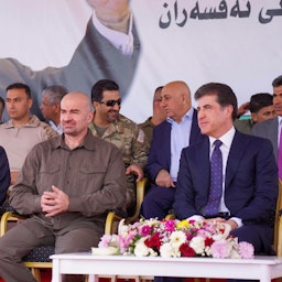 PUK-leader Bafel Talabani attends a graduation ceremony of military officers with KRI President Nechirvan Barzani in Qala Chwalan, Kurdistan Region of Iraq on May. 22, 2022. (Photo via bafeljalaltalabani/Instagram)