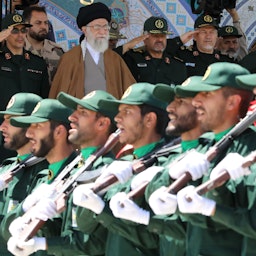 Graduating IRGC cadets march as Supreme Leader Ayatollah Ali Khamenei looks on in Tehran, Iran on May 10, 2017. (Photo via Iran's supreme leader's website)