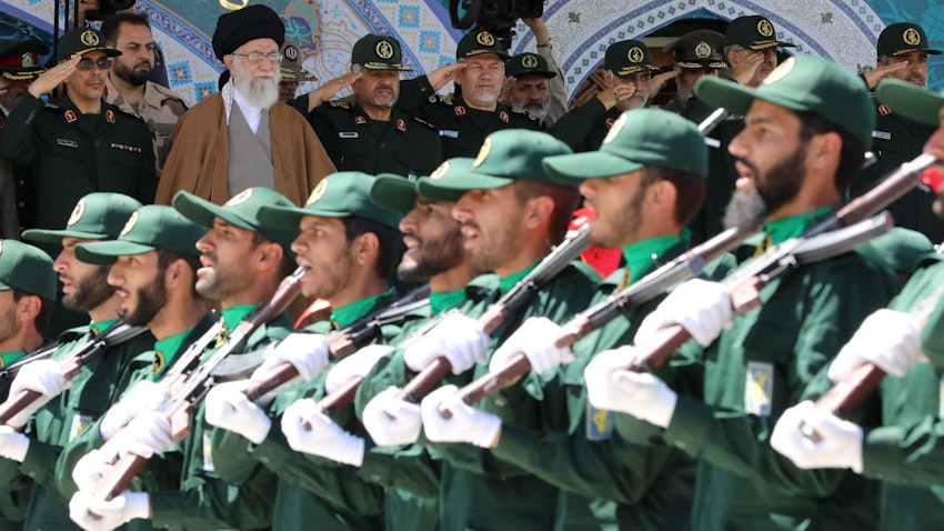 Graduating IRGC cadets march as Supreme Leader Ayatollah Ali Khamenei looks on in Tehran, Iran on May 10, 2017. (Photo via Iran's supreme leader's website)
