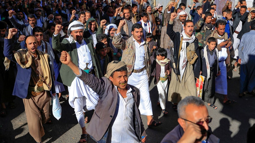 Houthi supporters protest against the blockade imposed by the Saudi coalition in Sana'a, Yemen on Jan. 6, 2023. (Photo via Getty Images)