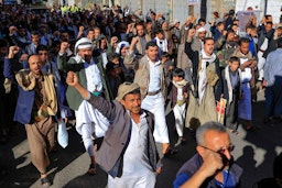 Houthi supporters protest against the blockade imposed by the Saudi coalition in Sana'a, Yemen on Jan. 6, 2023. (Photo via Getty Images)