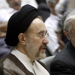 Former president Mohammad Khatami and oppostion leader Mir Hossein Mousavi attend  the memorial service for Seifollah Dad in Tehran, Iran on July 31, 2009. (Photo via Getty Images)