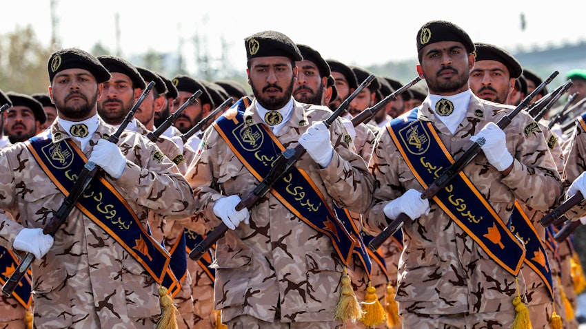 Members of the Iranian Revolutionary Guards Corps (IRGC) march during a military parade in the southwestern city of Ahvaz, Iran on Sept. 22, 2018. (Photo via Getty Images)