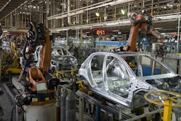 Robots work on a production line of the Iran Khodro Automaker Company near Tehran, Iran on Jan. 10, 2023. (Photo via Getty Images)