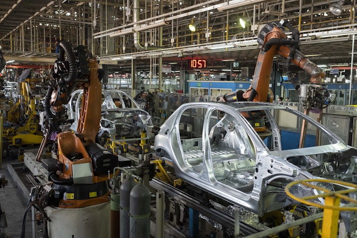 Robots work on a production line of the Iran Khodro Automaker Company near Tehran, Iran on Jan. 10, 2023. (Photo via Getty Images)