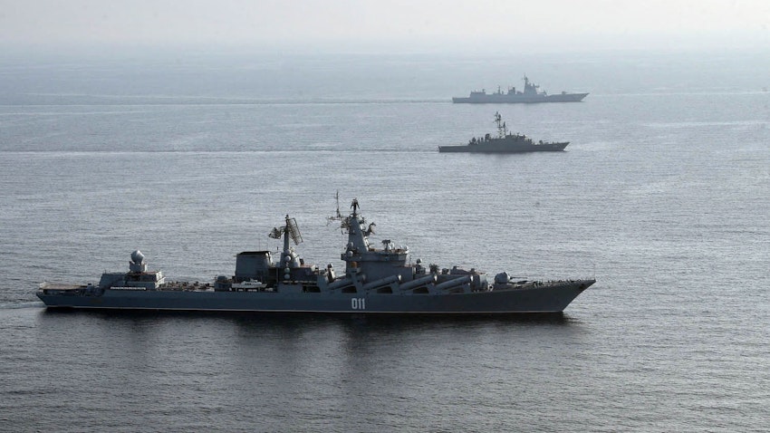 Iranian, Russian and Chinese warships during a joint military drill in the Indian ocean on Jan. 21, 2022. Exact location unknown. (Photo via Getty Images)