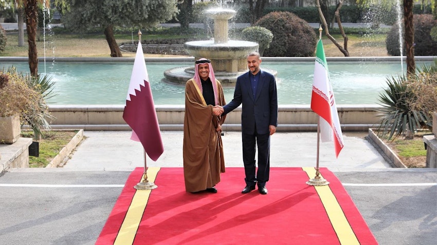 Iranian Foreign Minister Hossein Amir-Abdollahian greets his Qatari counterpart Sheikh Mohammed bin Abdulrahman Al Thani in Tehran, Iran on Jan. 29, 2023. (Photo via Iranian foreign ministry)