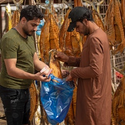 بائع يبيع أسماكًا مجففة في مدينة البصرة بجنوب العراق. 29 أبريل/نيسان 2022. (الصورة عبر غيتي إيماجز)