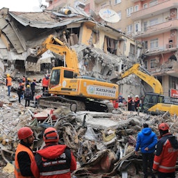 Rescue workers search for victims and survivors under the rubble of a collapsed building in Diyarbakir, Turkey on Feb. 9, 2023. (Photo via Getty Images)