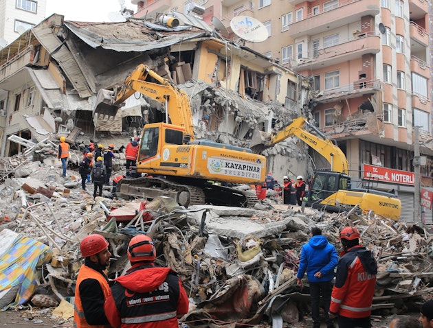 Rescue workers search for victims and survivors under the rubble of a collapsed building in Diyarbakir, Turkey on Feb. 9, 2023. (Photo via Getty Images)