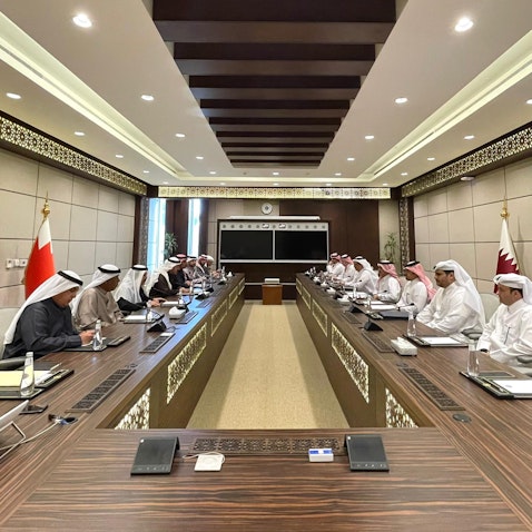 Bahraini and Qatari delegations meet in Riyadh, Saudi Arabia on Feb. 13, 2023. (Handout photo via Qatar Ministry of Foreign Affairs)