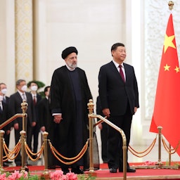 Iran's President Ebrahim Raisi welcomed by his Chinese counterpart Xi Jinping in Beijing, China on Feb. 14, 2023. (Photo via Iranian presidency)