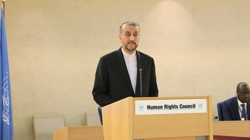 Iran's Foreign Minister Hossein Amir-Abdollahian addresses the 52nd session of the UN Human Rights Council in Geneva, Switzerland on Feb. 27, 2023. (Photo via Iranian foreign ministry)