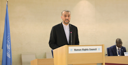 Iran's Foreign Minister Hossein Amir-Abdollahian addresses the 52nd session of the UN Human Rights Council in Geneva, Switzerland on Feb. 27, 2023. (Photo via Iranian foreign ministry)
