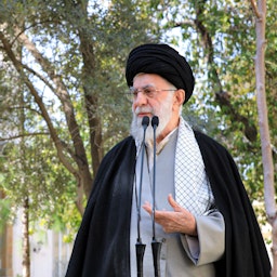 Iran’s Supreme Leader Ali Khamenei delivers a speech while attending a tree-planting event in Tehran, Iran on Mar. 6, 2023. (Photo via Iran's supreme leader's website)