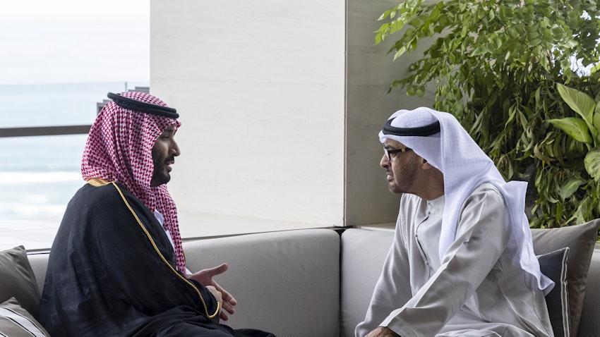Saudi Crown Prince Mohammed bin Salman Al Saud meets with UAE President Mohammed bin Zayed Al Nahyan in Bali, Indonesia on Nov. 15, 2022. (Handout photo via WAM)