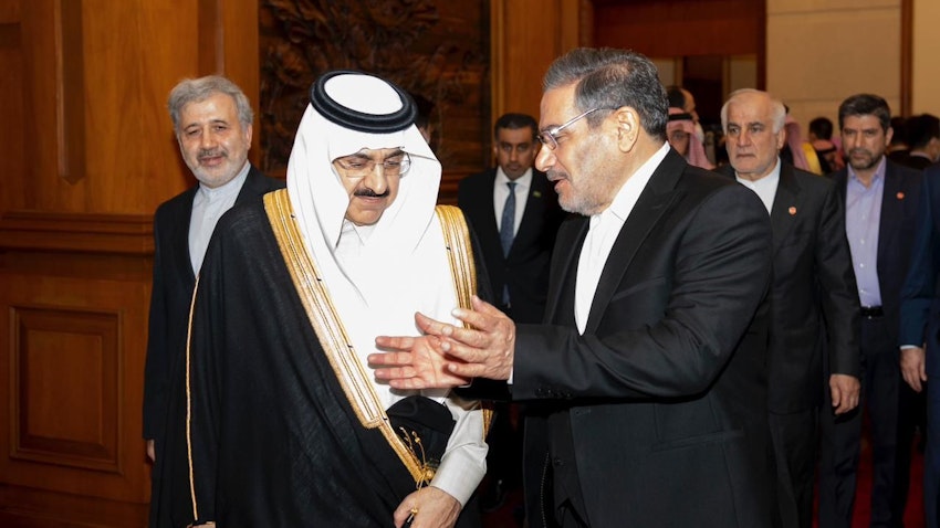 Saudi National Security Advisor Musaad bin Mohammed Al-Aiban talks with Iran's Supreme National Security Council Secretary Ali Shamkhani at a meeting in Beijing, China on Mar. 10, 2023. (Photo via Saudi Press Agency)