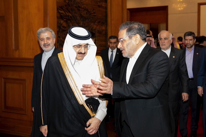 Saudi National Security Advisor Musaad bin Mohammed Al-Aiban talks with Iran's Supreme National Security Council Secretary Ali Shamkhani at a meeting in Beijing, China on Mar. 10, 2023. (Photo via Saudi Press Agency)