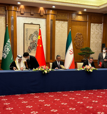 Iranian and Saudi officials sign agreement to resume bilateral relations in Beijing, China on Mar. 10, 2023. (Photo via Saudi Press Agency)