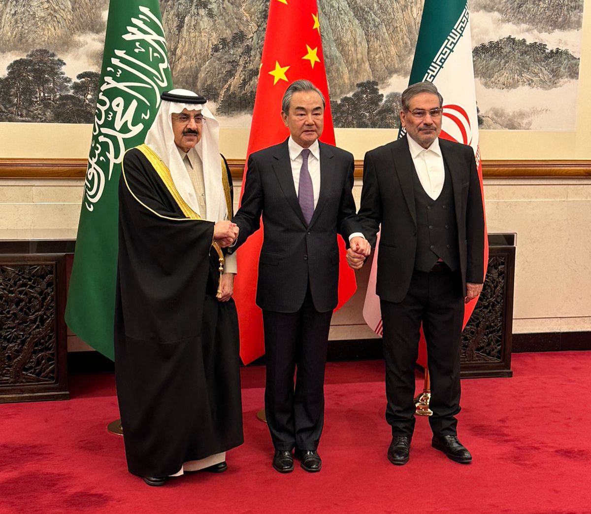 Saudi National Security Advisor Musaad bin Mohammed Al-Aiban, Iran's Supreme National Security Council Secretary Ali Shamkhani and China’s top diplomat Wang Yi in Beijing, China on Mar. 10, 2023. (Photo via Saudi Press Agency)