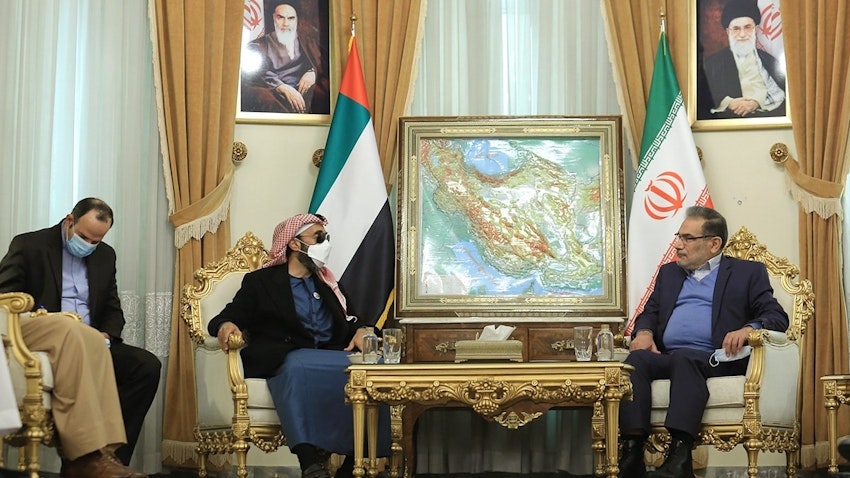UAE National Security Advisor Sheikh Tahnoon bin Zayed Al Nahyan and Secretary of Iran's Supreme National Security Council Ali Shamkhani in Tehran, Iran on Dec. 6, 2021. (Photo by Sajjad AliHemmati via YJC)