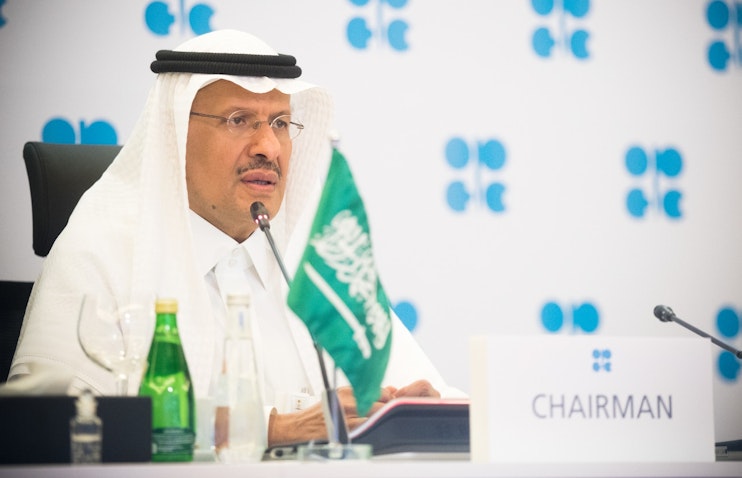 Saudi Arabia's Minister of Energy Prince Abdulaziz bin Salman Al Saud attends a virtual OPEC+ meeting on Apr. 9, 2020. Location unknown. (Handout photo via Saudi Ministry of Energy)