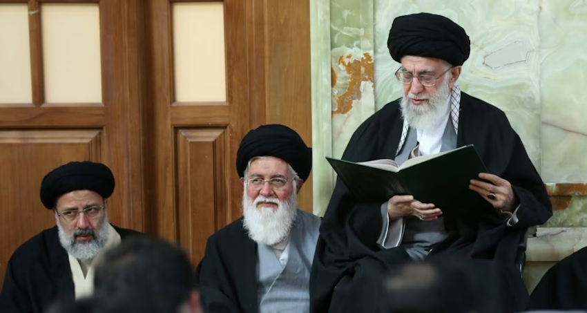 Iran's Supreme Leader Ali Khamenei, hardline cleric Ahmad Alamolhoda and President Ebrahim Raisi. Date unknown. (Photo via Iran’s supreme leader’s website)