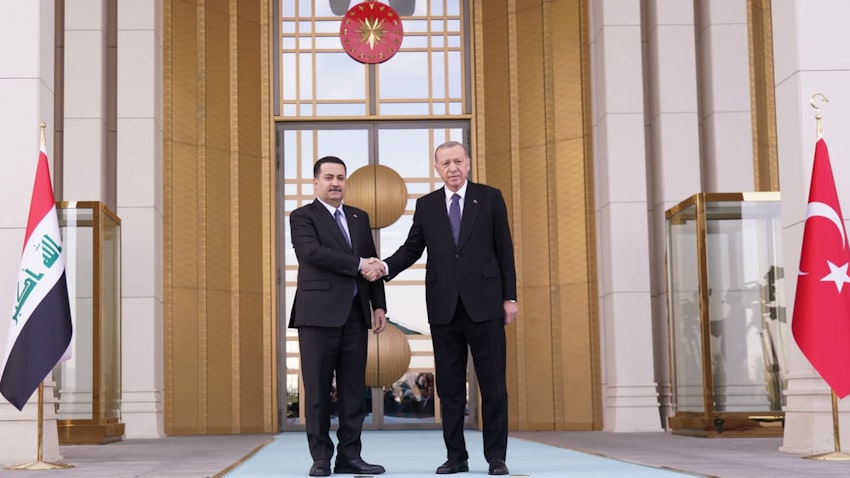Iraqi Prime Minister Muhammad Shia’ Al-Sudani is received by Turkish President Recep Tayyip Erdogan in Ankara, Turkey on Mar. 21, 2023. (Source: mohamedshia/Twitter)