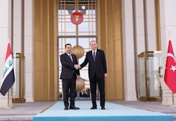 Iraqi Prime Minister Muhammad Shia’ Al-Sudani is received by Turkish President Recep Tayyip Erdogan in Ankara, Turkey on Mar. 21, 2023. (Source: mohamedshia/Twitter)