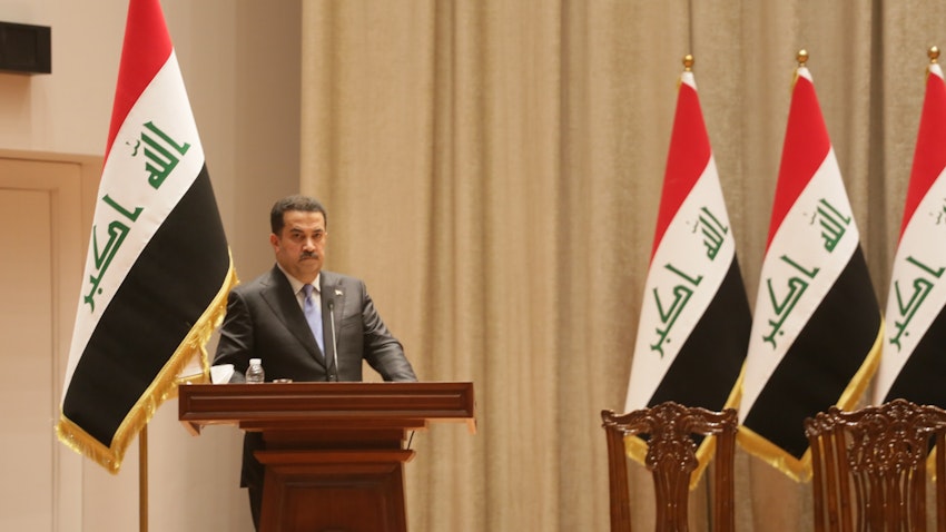 محمد شیعه السودانی، نخست‌وزیر عراق،در حال سخنرانی در پارلمان بغداد؛ عراق، ۵ آبان ۱۴۰۱/ ۲۷ اکتبر ۲۰۲۲. (عکس از گتی ایمیجز)