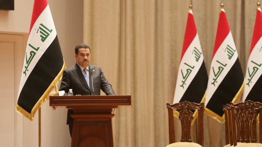 Iraqi Prime Minister Muhammad Shia’ Al-Sudani addresses the parliament in Baghdad, Iraq on Oct. 27, 2022. (Photo via Getty Images)