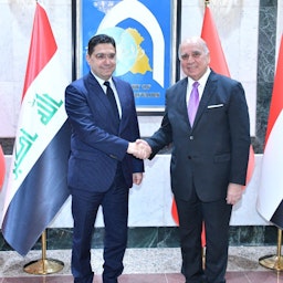 Iraq's Foreign Minister Fuad Hussein receives his Moroccan counterpart Foreign Minister Nasser Bourita in Baghdad, Iraq on Jan. 28, 2023. (Photo via Iraqimofa/Twitter)